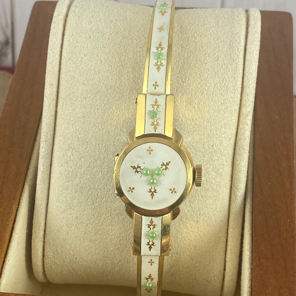 Vintage 1950s Bucherer 17 Jewels Swiss Ladies Floral Enameled Cuff Watch